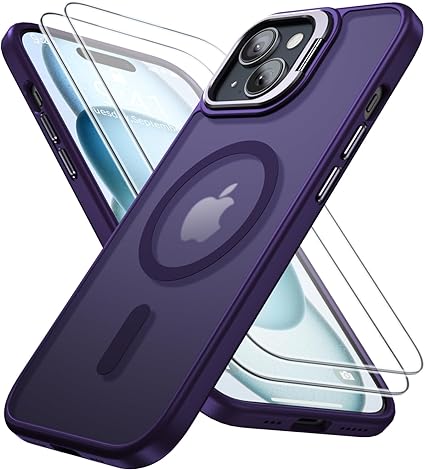 AEDILYS Official Magnetic Ring for iPhone 15 Case add Stand,with 2 Screen Protector [Military-Grade Drop Tested] [Compatible with MagSafe] Translucent Slim Anti-Scratch Anti-Fingerprint, Matte Purple