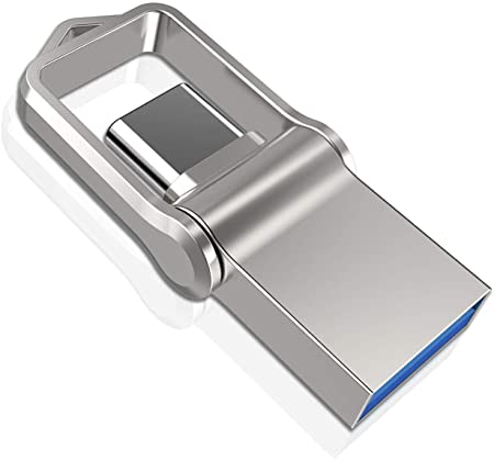 Type C USB Flash Drive 32GB, KALSAN 32GB 2 in 1 OTG Type C  USB 3.0 Dual Drive Waterproof Memory Stick with Keychain Metal-Silver Color
