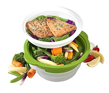 Salter BW06259 DUOsteam Healthy Microwave Vegetable, Meat and Fish Steamer with Carbon Steel Silicone Lid, Green