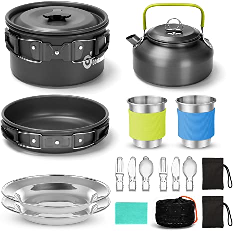 Odoland 15pcs Camping Cookware Mess Kit, Non-Stick Lightweight Pot Pan Kettle Set with Stainless Steel Cups Plates Forks Knives Spoons for Camping, Backpacking, Outdoor Cooking and Picnic