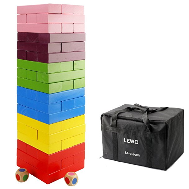 Lewo Wooden Giant Stacking Games Hardwood Blocks Tumble Tower Building Toys 54 pieces with Storage Bag