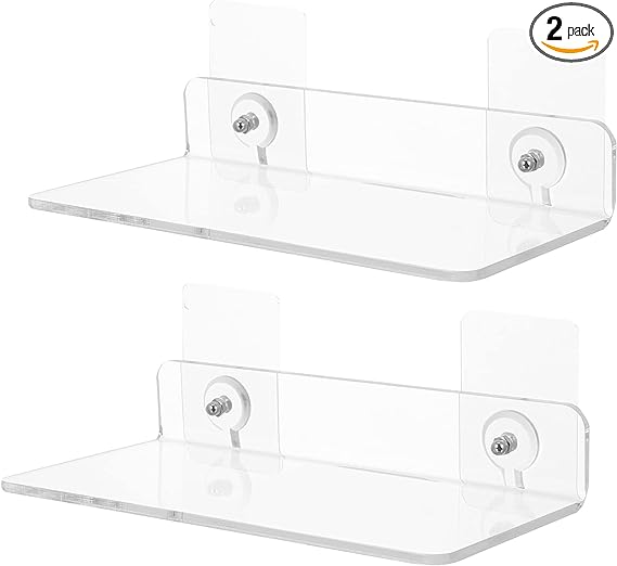 DOITOOL 2 Pcs Bathroom Floating Shelf Clear Acrylic Shower Caddy Adhesive Wall Mount Storage Rack Cosmetic Shampoo Spice Condiment Holder Organizer for Toilet Kitchen