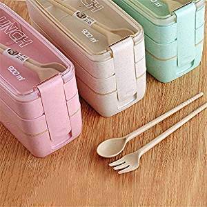 Three-Layer Bento Box for Adults, Lunch Boxes for Kids, Leak-Proof Food Storage Container, Wheat Fiber, FDA Approved ＆ BPA Free, for Food Prep and Meal Planning (Includes Fork & Spoon) (Pink)
