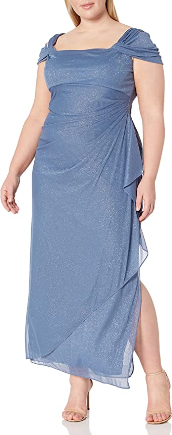 Alex Evenings Women's Plus Size Long Cold Shoulder Dress with Ruched Skirt