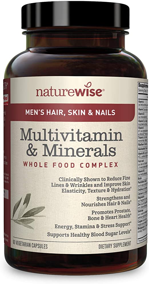 NatureWise Hair Skin and Nails Vitamins for Men — Whole Food Multivitamin for Men with AstaReal Astaxanthin, Biotin, Collagen, Keratin, Silica, & Antioxidants for Youthful Skin & Healthy Hair  | 60 Ct