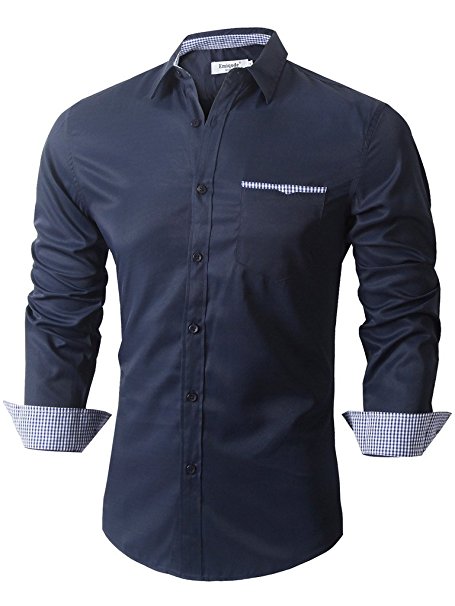 Emiqude Mens Casual Slim Fit Long Sleeve Pocket Inner Contrast Plaid Dress Shirt