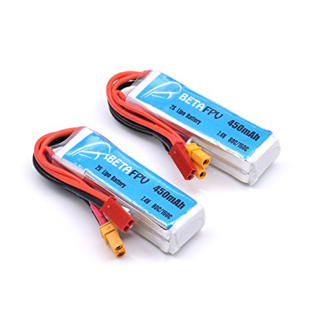 BETAFPV 2pcs 450mAh 2S 80C Lipo Battery with JST 2.0 and XT30 Plug for Doinker Moskito Mico FPV Racing Drone Quadcopter