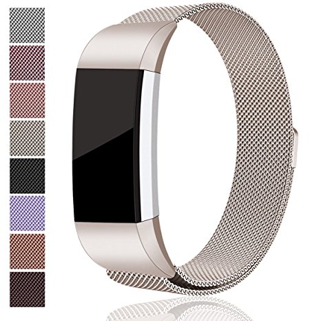 For Fitbit Charge 2 Bands, Maledan Stainless Steel Milanese Loop Metal Replacement Accessories Bracelet Strap with Unique Magnet Lock for Fitbit Charge 2 HR Large Small, Silver, Black, Gold, Rose Gold