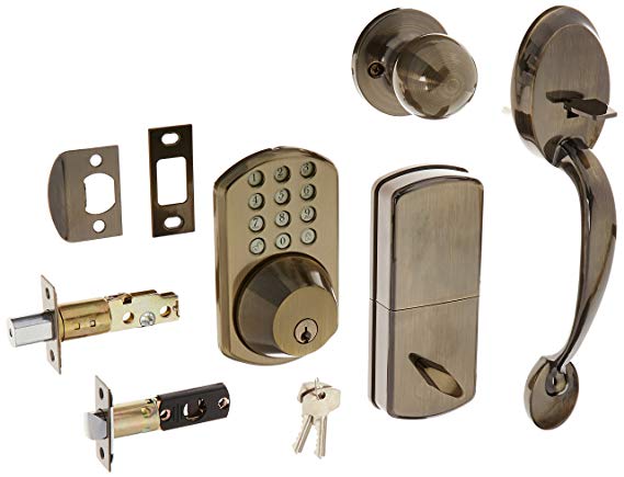 MiLocks BTF-02AQ Digital Deadbolt Door Lock and Passage Handle Set Combo with Keyless Entry via Keypad Code for Exterior Doors, Antique Brass