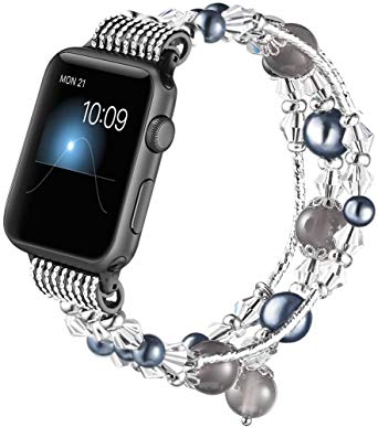 Gaishi Band Compatible with Apple Watch 38mm 40mm, Women Girl Elastic Handmade Pearl Bracelet Replacement for 38mm Apple Watch Series 4 3 2 1, Black