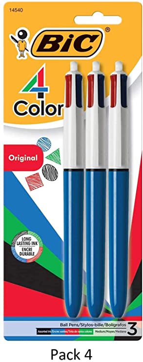 BIC 4-Color Ballpoint Pen, Medium Point (1.0mm), Assorted Inks, 3-Count, 4 Pack