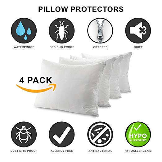 Guardmax Waterproof Pillow Protectors Zippered Encasement Blocks Bed Bugs and Dust Mites (Set of 4) Hypoallergenic Covers Non Noisy (Standard Size 20x26 - 4 Pieces – White)