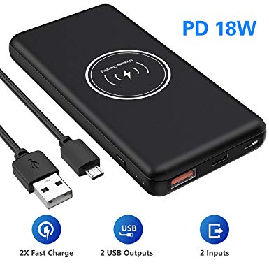 Wireless 10000mAh Portable Power Bank with 3 Outputs& 2 Inputs, USB C PD 3.0 18W QC 3.0 Fast Charging External Battery Pack for iPhone, iPad, Android, Samsung and More Devices