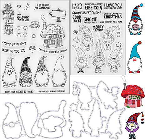 4 Pieces Christmas Santa Claus Clear Stamps and Die Set Santa Sentiments Silicone Merry Gnome Clear Stamps for Card Making Christmas Scrapbooking Decor