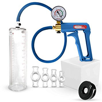 Vacuum Pump Maxi Blue Natural Male Enhancement 9 Inch Including Gauge 9 Inch x 2.25 Inch Bundle with Soft Black Cylinder Seal & 4 Sizes Constriction Rings