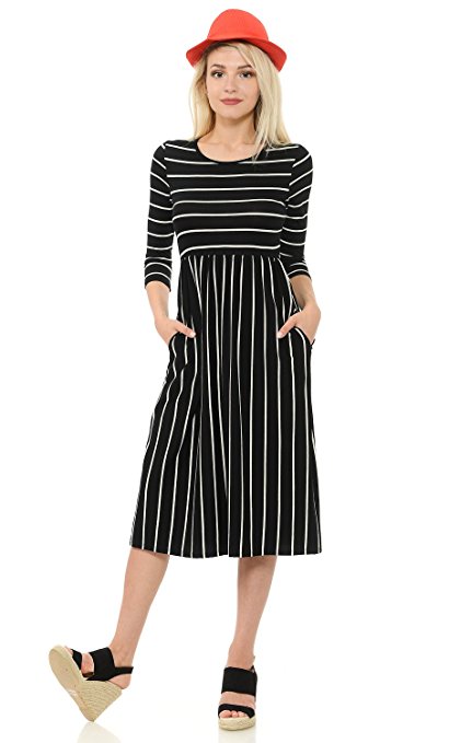 Iconic Luxe Women's Fit and Flare Midi Dress with Pockets in Solid and Striped