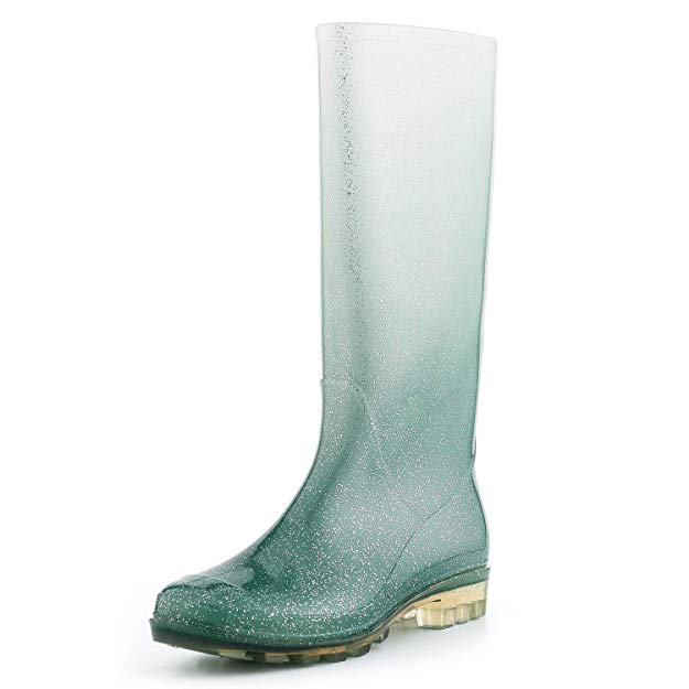 KomForme Women’ s Knee High Waterproof Rain Boots Glitter, Matte and Gradient