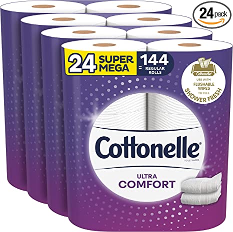 Cottonelle Ultra Comfort Toilet Paper, Strong Bath Tissue, 24 Super Mega Rolls (24 Super Mega Rolls = 144 Regular Rolls), 402 Sheets per Roll