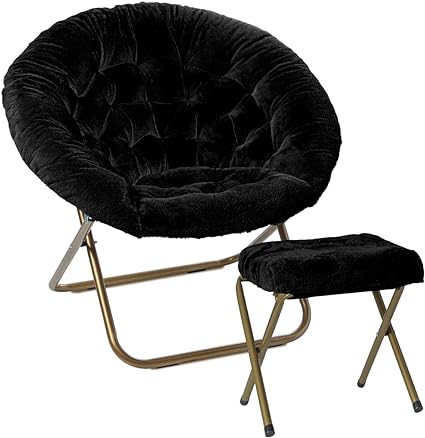 Milliard Cozy Chair with Footrest Ottoman/Faux Fur Saucer Chair for Bedroom/X-Large (Black)