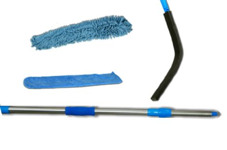High and low Wet or Dry 2 Microfiber Machine Washable Dusters Cleaners, a Flexible, Bendable and Extendable Wand and a Telescoping 23in - 4ft Sturdy, Lightweight Threaded Extension Pole. The length of the pole plus wand is 6 1/2ft. Add your height and arm length to reach over 12ft.