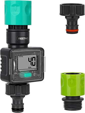 RESTMO Water Meter with Quick Connect Fittings | Digital Control | 4 Measure Modes | Display Gallon/Liter Usage and Flow Rate | Ideal to Track Outdoor Garden Hose Watering