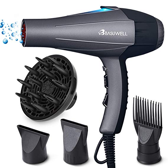 Basuwell Hairdryer Professional Ionic Hair Dryer 2100W AC Motor Salon Fast Blow Dryers 3 Heat 2 Speed Settings Far Infrared Hair Dryer With Hair Diffusers/Comb/ Nozzle/UK Plug -Grey