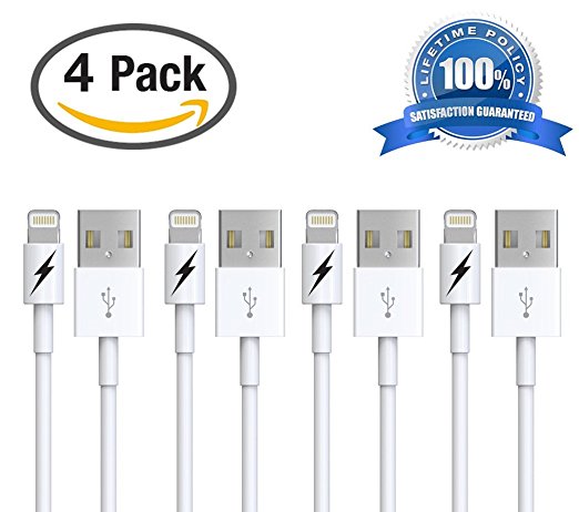 [Apple MFi Certified] [4 Pack] Lightning to USB Charger and Sync Cable for iPhone 6 6Plus 5s 5c 5, iPad Air mini, iPad 4th gen, iPod touch 5th gen, iPod nano 7th gen (White - 4 x 1 Meter) Extremely Durable with Lifetime Guarantee!