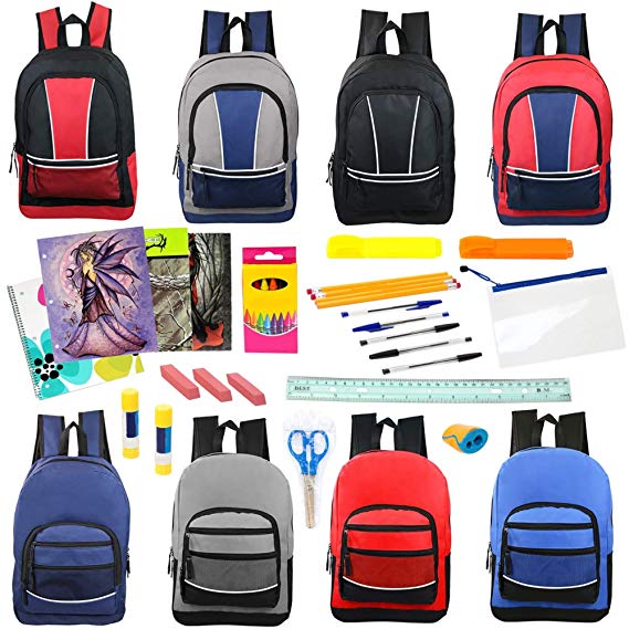 17 Inch Wholesale Backpacks with 30 Piece School Supply Kits in 8 Assorted Styles - Bulk Case of 12 Pack Bundles