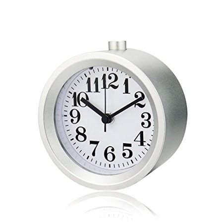 Smileto® Creative Small Round Classic Aluminium Silent Desk Travel Alarm Clock With Nightlight Snooze Function(Silver)