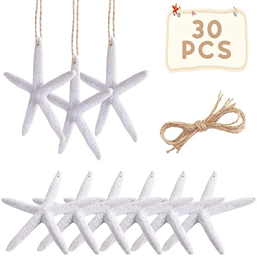 OurWarm 30pcs Resin Pencil White Starfish Decor for Weddings, Dried Hanging Starfish Christmas Tree Ornaments with Hemp Rope for Home and Craft Projects, 4-Inch