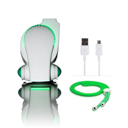 Portable Baby Stroller Fan with LED Lights - Cool on the Go Clip On Fan - Versatile Hands-free Personal Cooling Device / Compact USB Fan - Bladeless Desk Fan White/ Green
