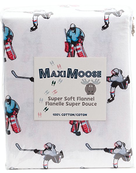 MAXIMOOSE Hockey Champion Sports NHL Boys Twin or Full Sheet Set 100% Cotton Flannel Sketched Sport Hockey Player Goalkeeper (Full)