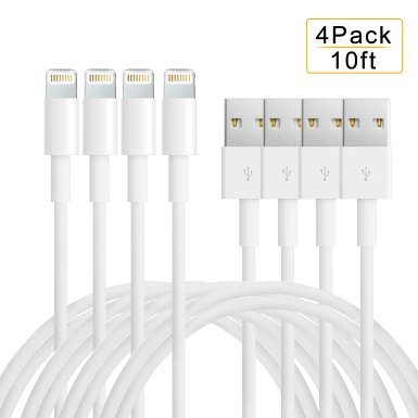 Cozify(TM) 4Pack 10FT 8 Pin Lightning to USB Cable Syncing and Charging Cord for iPhone SE, 6s plus, 6s, 6 plus, 6, 5s, 5c, 5, iPad Air, iPad mini, iPod nano and iPod touch (White)
