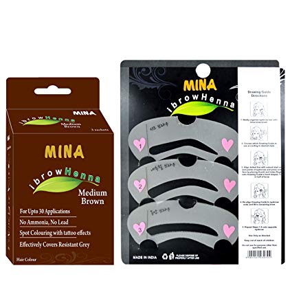 Mina ibrow Henna Medium Brown Regular Pack & Coloring Kit with hair Stencils-Combo Pack