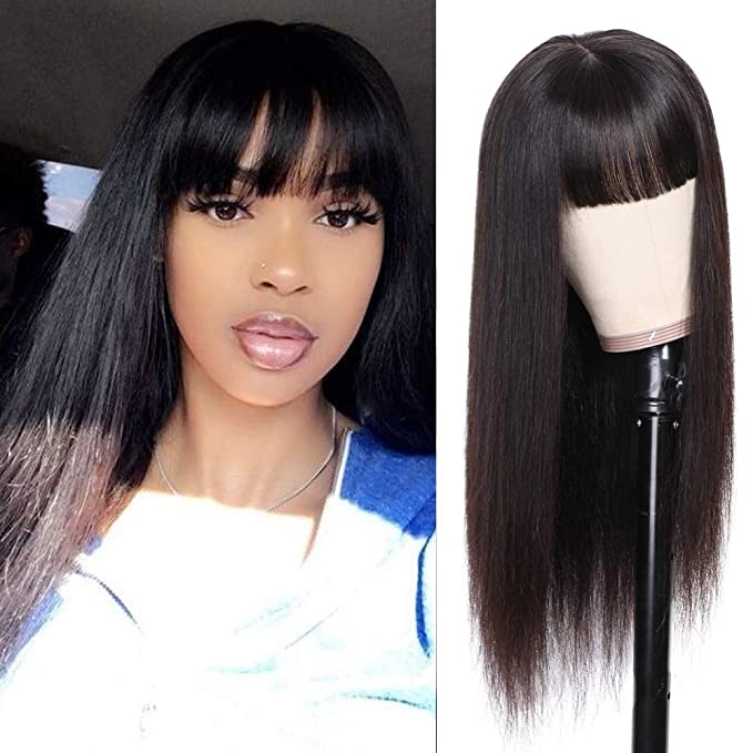 ISEE Human Hair Wigs with Bangs 22Inch Straight Non Lace Front Wigs 150% Density Glueless Full Machine Made Wigs for Black Women Natural Color