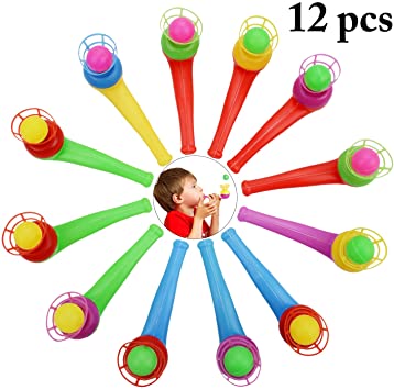Coxeer Pipe Ball Toys, 12PCS Assorted Color Magic Blowing Pipe Whistles Floating Blow Ball Toys for Kids Toys Party Favors