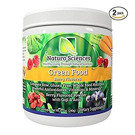 Natural Greens Food By Naturo Sciences - Complete Raw Whole Green Food Nutrition with Super Powerful Antioxidants, Vitamins, Minerals - Amazing Berry Flavor 8.5oz (240g) 30 Servings, Pack of Two