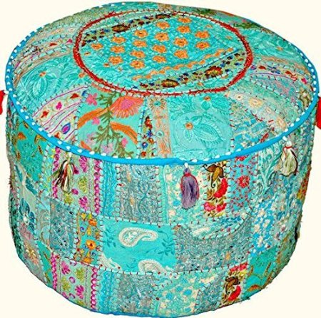 Indian Traditional Home Decorative Ottoman Handmade Pouf,Indian Comfortable Floor Cotton Cushion Ottoman Cover Embellished With PatchWork And Embroidery Work,Indian Vintage Ottoman Turquoise Pouf 12x16