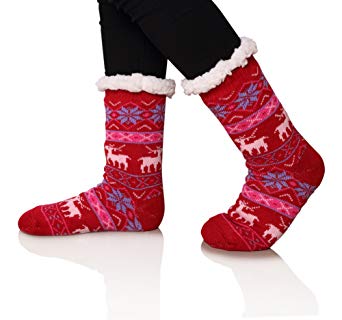 SDBING Women's Winter Super Soft Warm Cozy Fuzzy Snowflake Deer Fleece-lined Christmas Gift With Grippers Slipper Socks