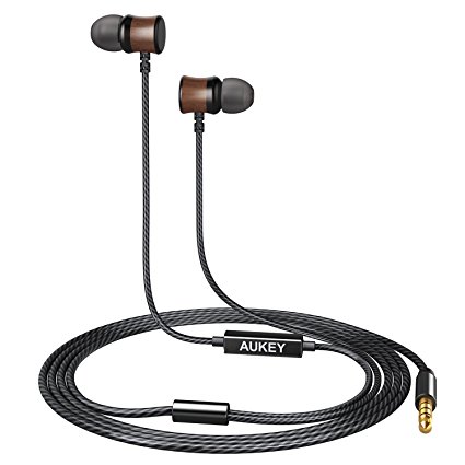 AUKEY Earbuds with Wood Housing, Wired In-Ear Headphones with Built-In Microphone for Smartphones, Tablets, Laptops, and More