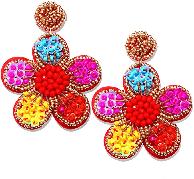 Beaded Drop Earrings Statement Colorful Beaded Flower Earrings Handmade Bohemia Tropical Beadwork Dangle Earrings For Woman