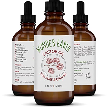 Wonder Earth Organic Castor Oil, 4 oz - 100% USDA Certified Pure Cold Pressed Hexane free - Best oil Growth For Eyelashes, Eyebrows, Hair, Face and Skin