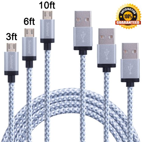 Sunnest 3Pack 3FT 6FT 10FT Tangle Free Nylon Braided Micro USB Cable High Speed USB 2.0 A Male to Micro B Sync and Charging Cord Wire Universal for Samsung,HTC,Motorola,Nokia, Android, and More(White)