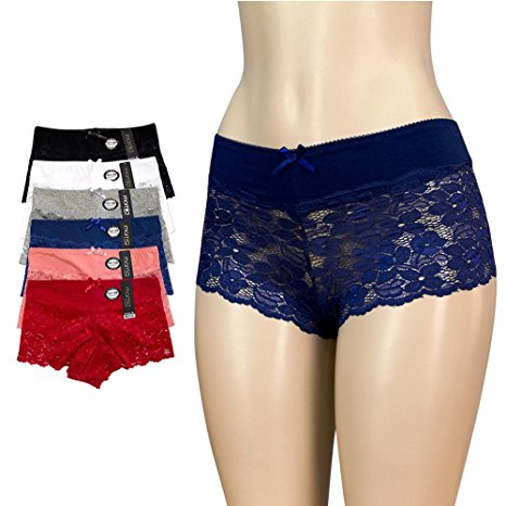 6pk Women's Cotton Spandex Hipster Boyshort Lace Trim Underwear Panties Sheer