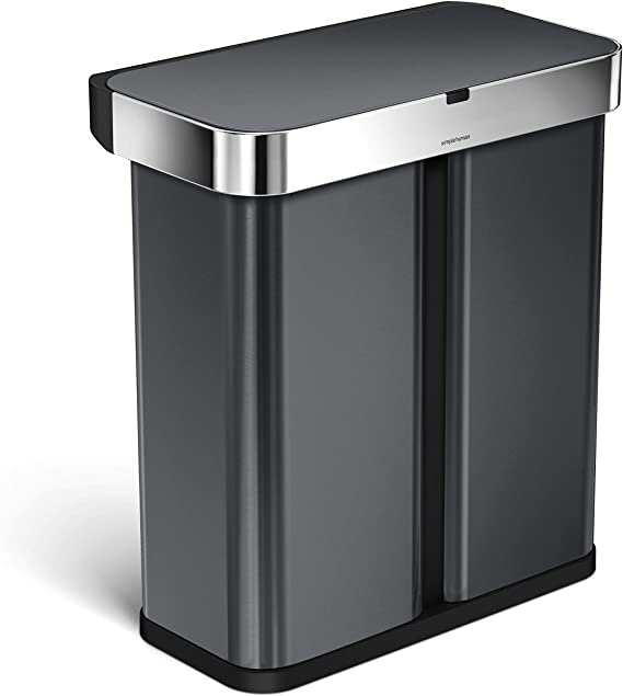 simplehuman 58 Liter / 15.3 Gallon Dual Compartment Rectangular Kitchen Recycling Voice and Motion Sensor, Black Stainless Steel Hands-Free Trash Can