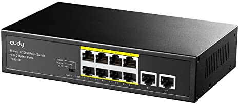 Cudy FS1010P 8 2-Port 100Mbps Ethernet PoE  Unmanaged Plug and Play Switch, 120 W, 8 * 10/100Mbps PoE  Ports, CCTV/VLAN Mode, 802.3af / 802.3at, 250M Long Distance in CCTV, Desktop Rackmount