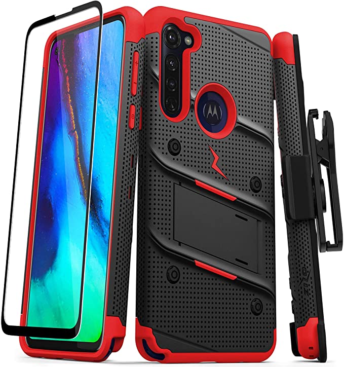 ZIZO Bolt Series for Moto G Stylus Case with Screen Protector Kickstand Holster Lanyard - Black & Red