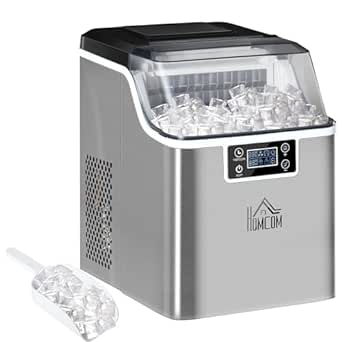 HOMCOM Ice Maker Machine Countertop, 20Kg in 24 Hrs, 24 Cubes Ready in 14-18Mins, Stainless Steel Portable Ice Cube Maker, 3.2L w/Adjustable Cube Size, Self-Cleaning, Scoop, Basket for Home, Silver