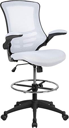 Flash Furniture Mid-Back White Mesh Ergonomic Drafting Chair with Adjustable Foot Ring and Flip-Up Arms