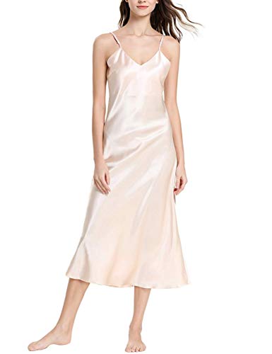 ORICSSON Women's Sexy Satin Deep V-Neck Adjustable Spaghetti Strap Sleeveless Long Nightgown